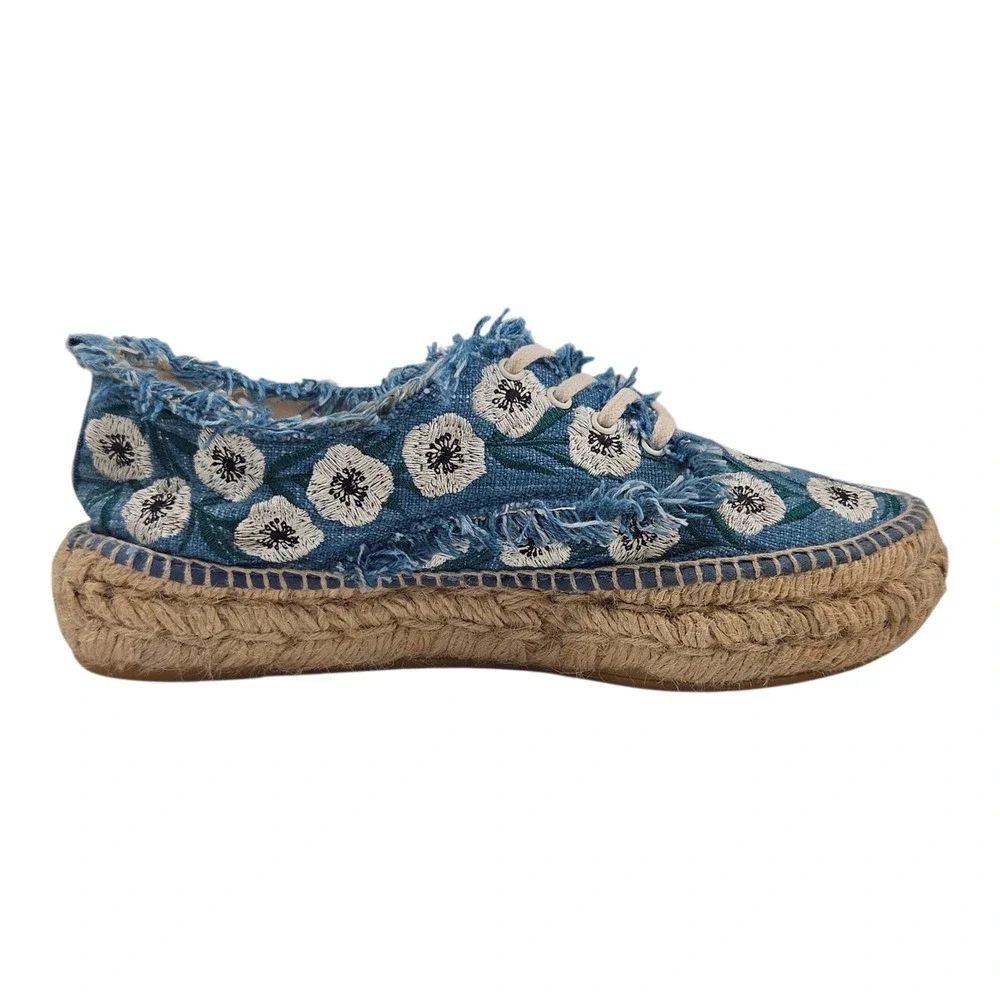 Made in Spain Espadrille Platform Sneakers Blue Floral Embroidered Frayed 7.5/38